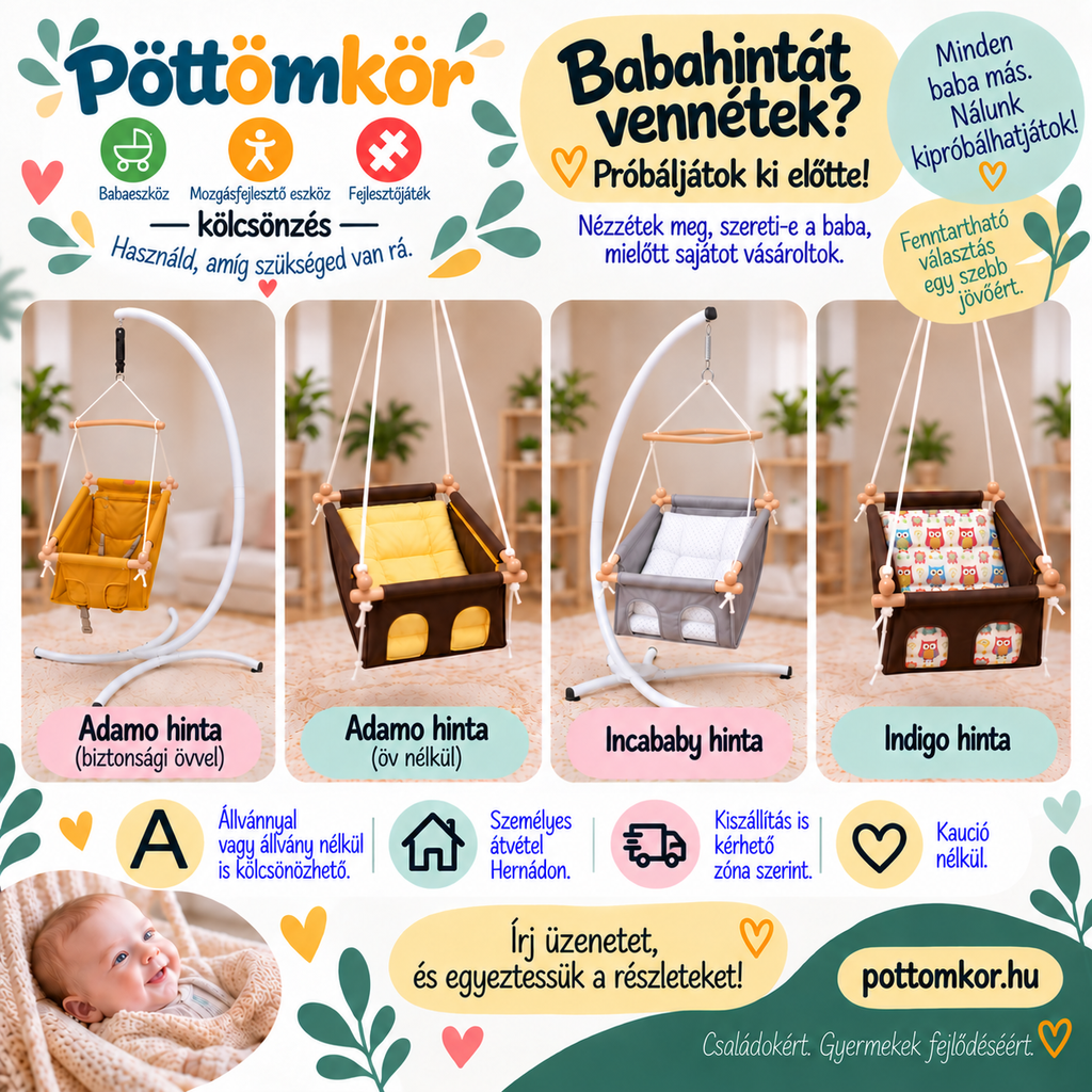 A Pöttömkörben kölcsönözhető babahinták – próbáljátok ki őket vásárlás előtt.